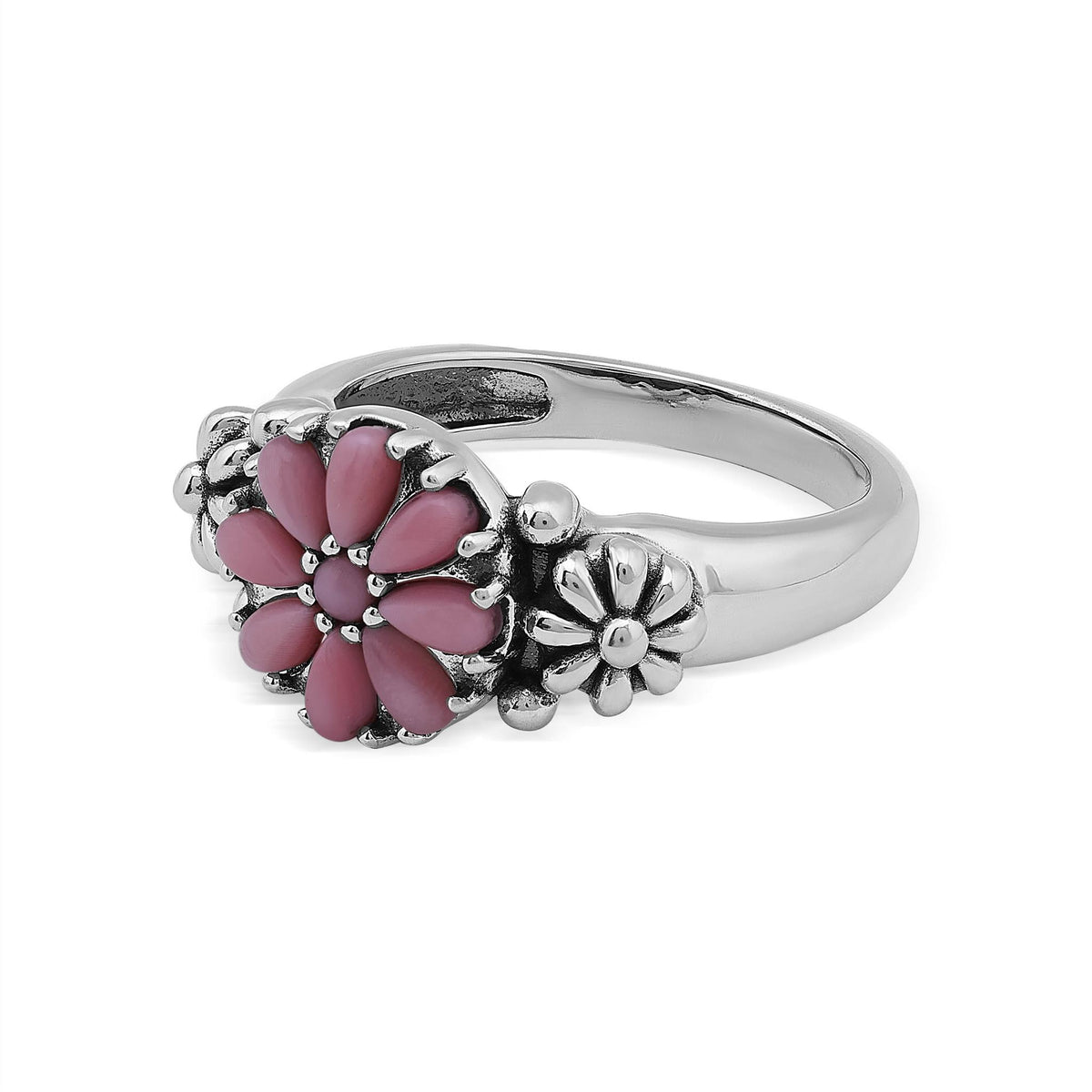Sterling Silver Pink Concha Shell Cluster Flower Ring