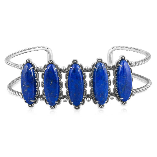 Sterling Silver Lapis 5-Stone Oval Cuff Bracelet