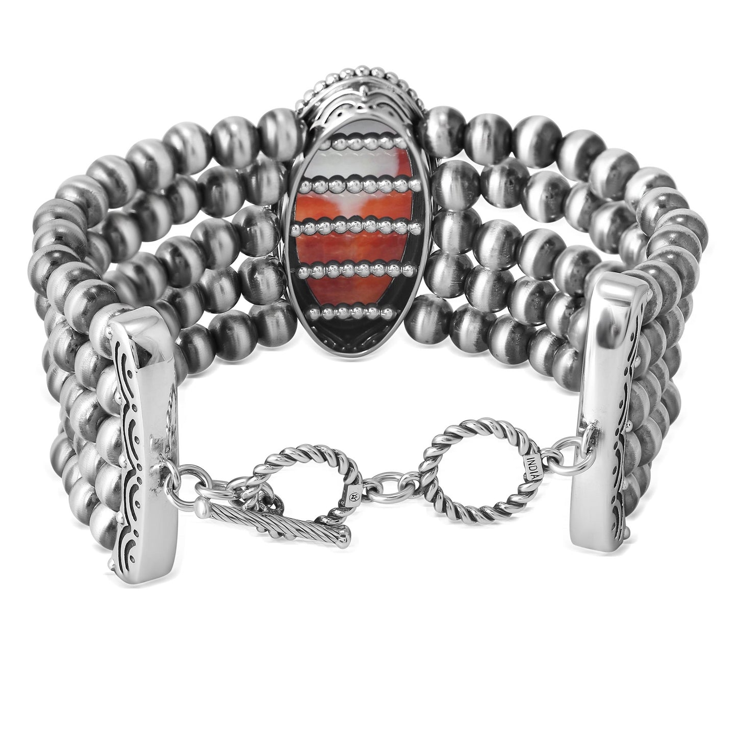 Sterling Silver Orange Spiny Oyster Oval Cut Triple Bead Toggle Bracelet, Sizes Small to Large