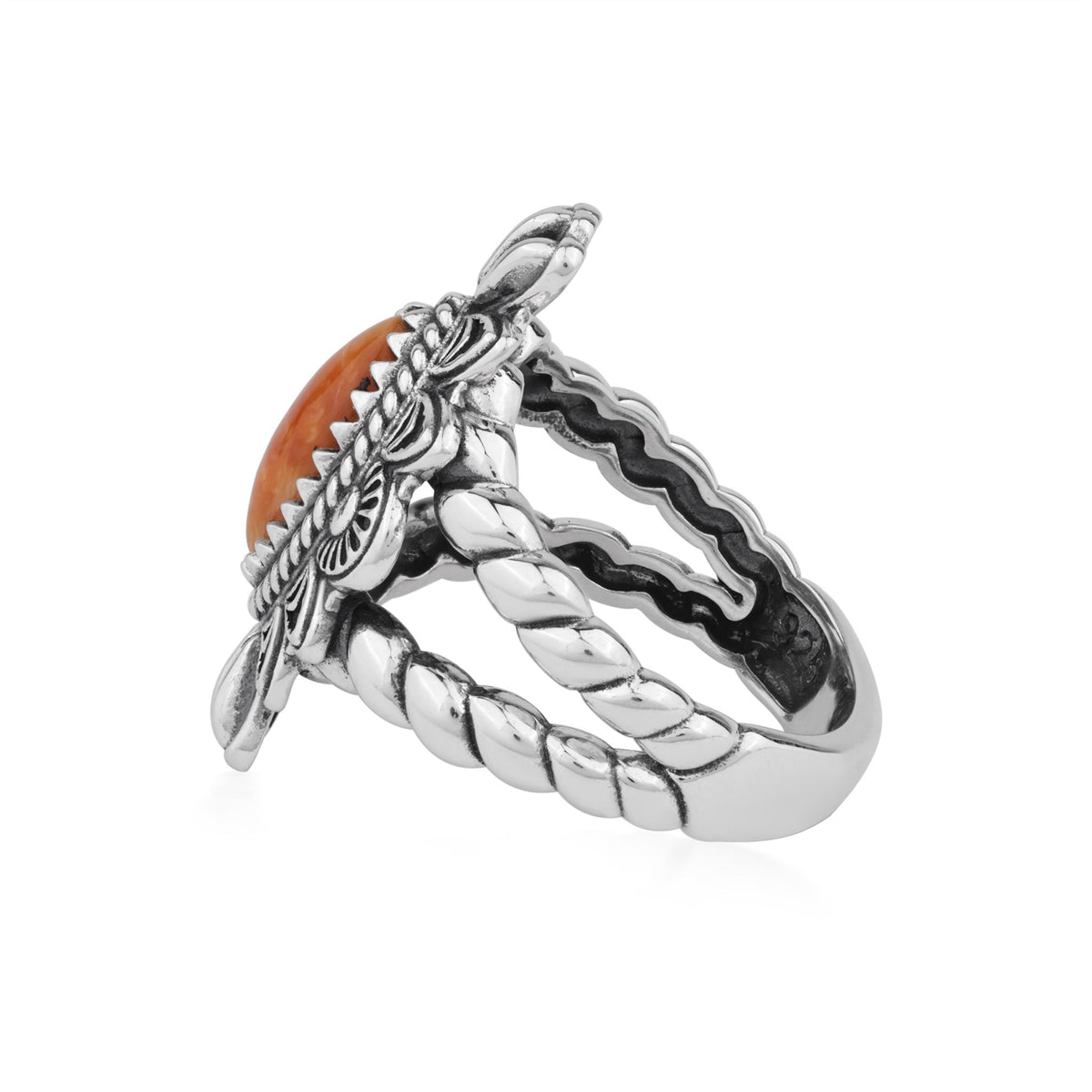 Sterling Silver Orange Spiny Oyster Marquise Rope Ring, Sizes 5 to 10