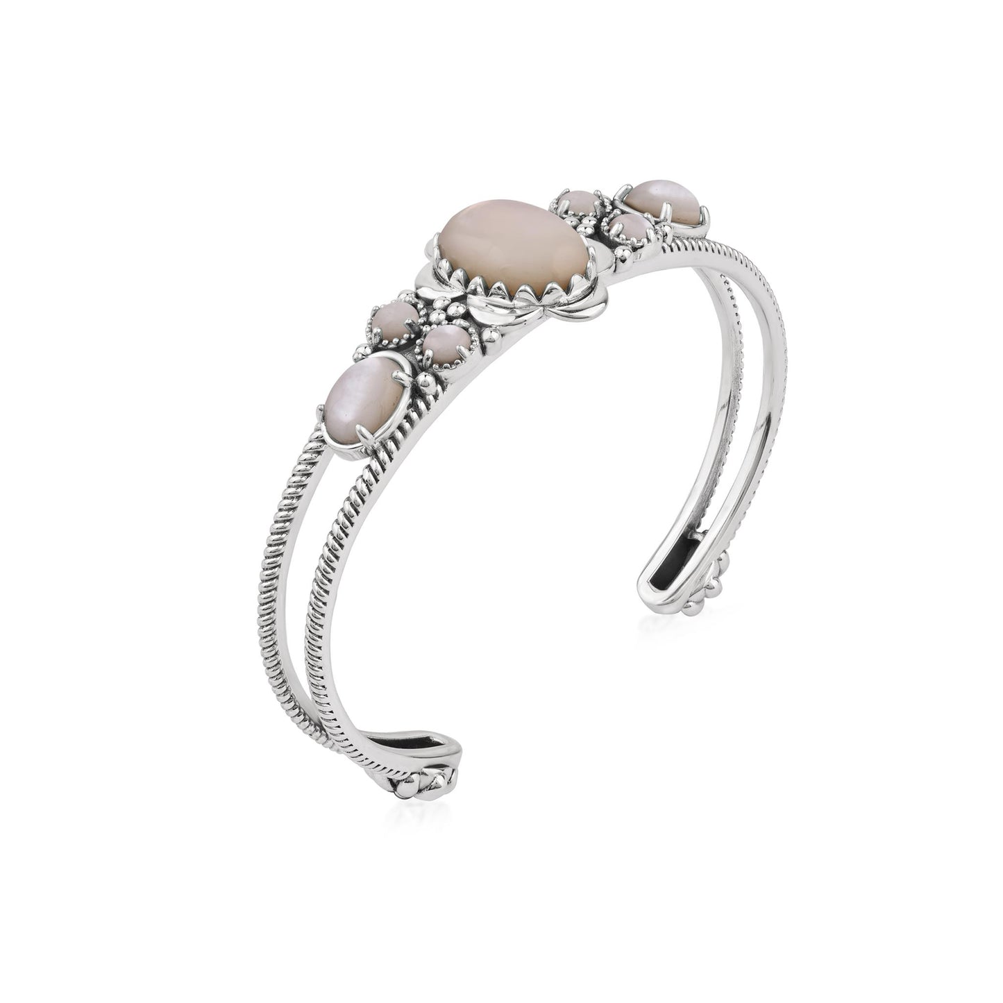 Sterling Silver White Mother of Pearl Oval and Round Open Cuff Bracelet