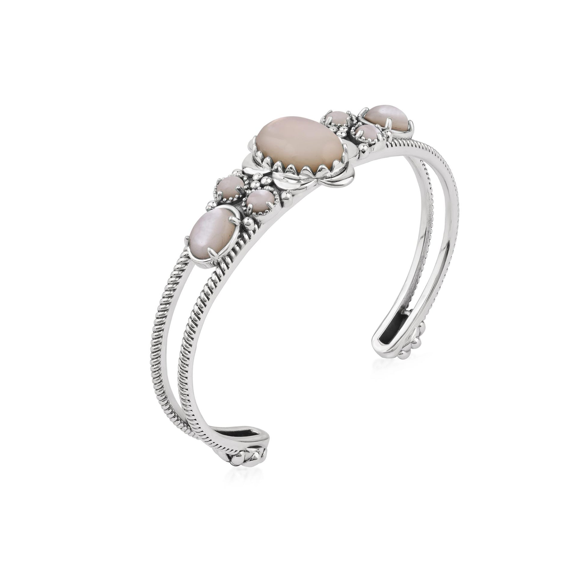  Sterling Silver White Mother of Pearl Oval and Round Open Cuff Bracelet