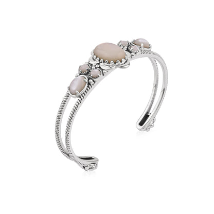  Sterling Silver White Mother of Pearl Oval and Round Open Cuff Bracelet