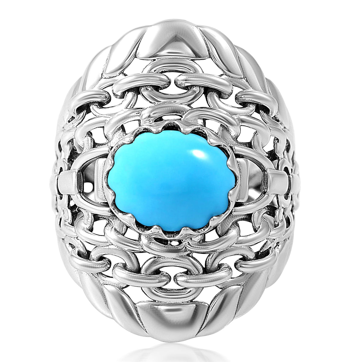 Sterling Silver Sleeping Beauty Turquoise Stirrup Chain Ring, Sizes 5 to 11