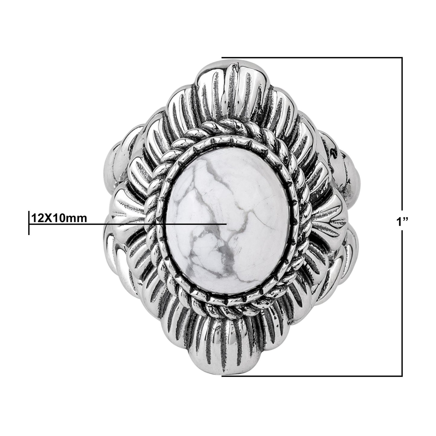 Sterling Silver White Howlite Oval-Cut Rope Scallop Design Ring