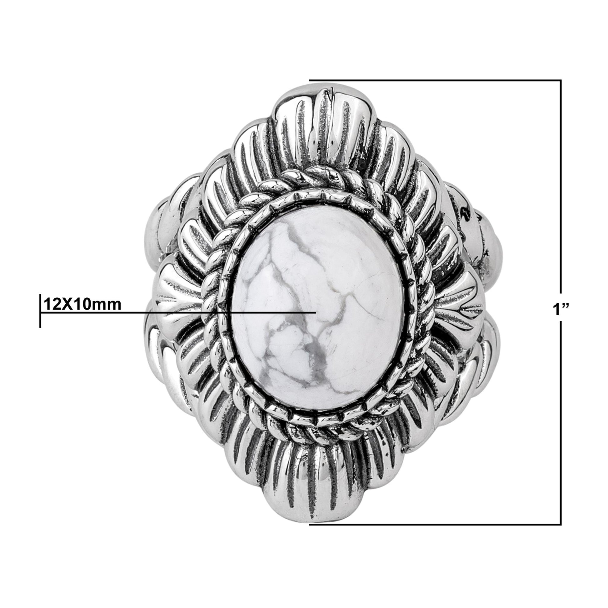 Sterling Silver White Howlite Oval-Cut Rope Scallop Design Ring