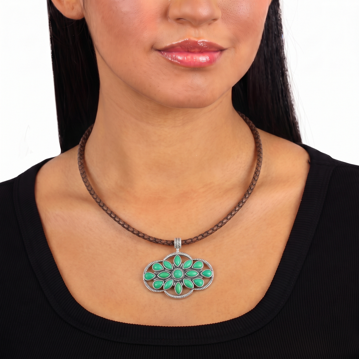 Sterling Silver Green Turquoise Brown Leather Cluster Necklace, 17 to 20 Inches