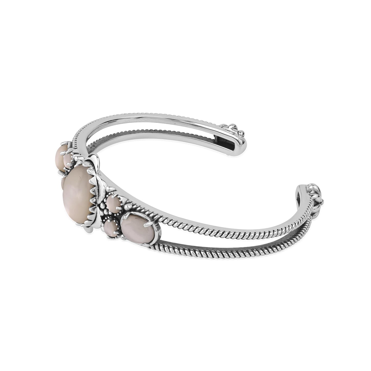  Sterling Silver White Mother of Pearl Oval and Round Open Cuff Bracelet