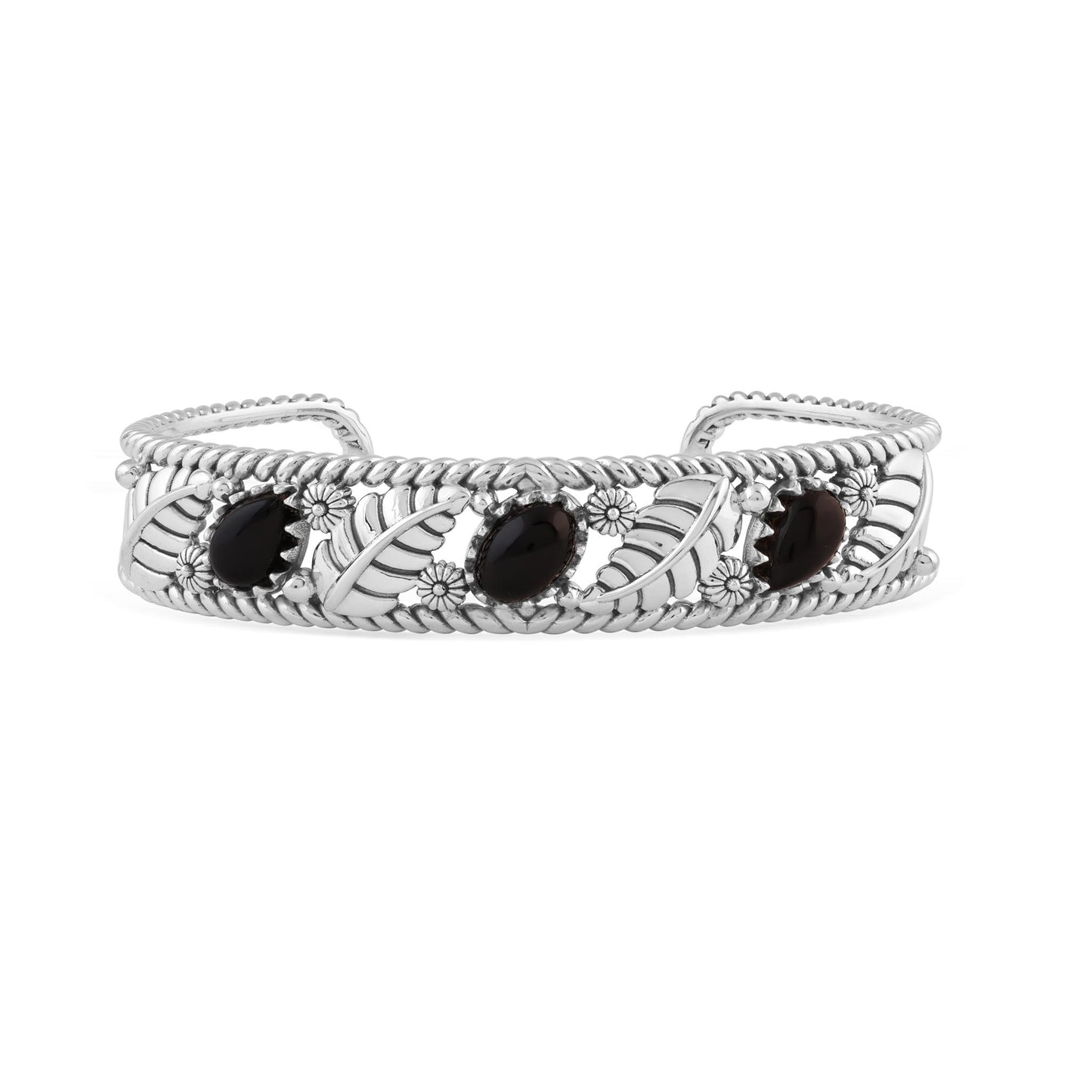  Sterling Silver Black Onyx Oval and Pear Leaf Cuff Bracelet