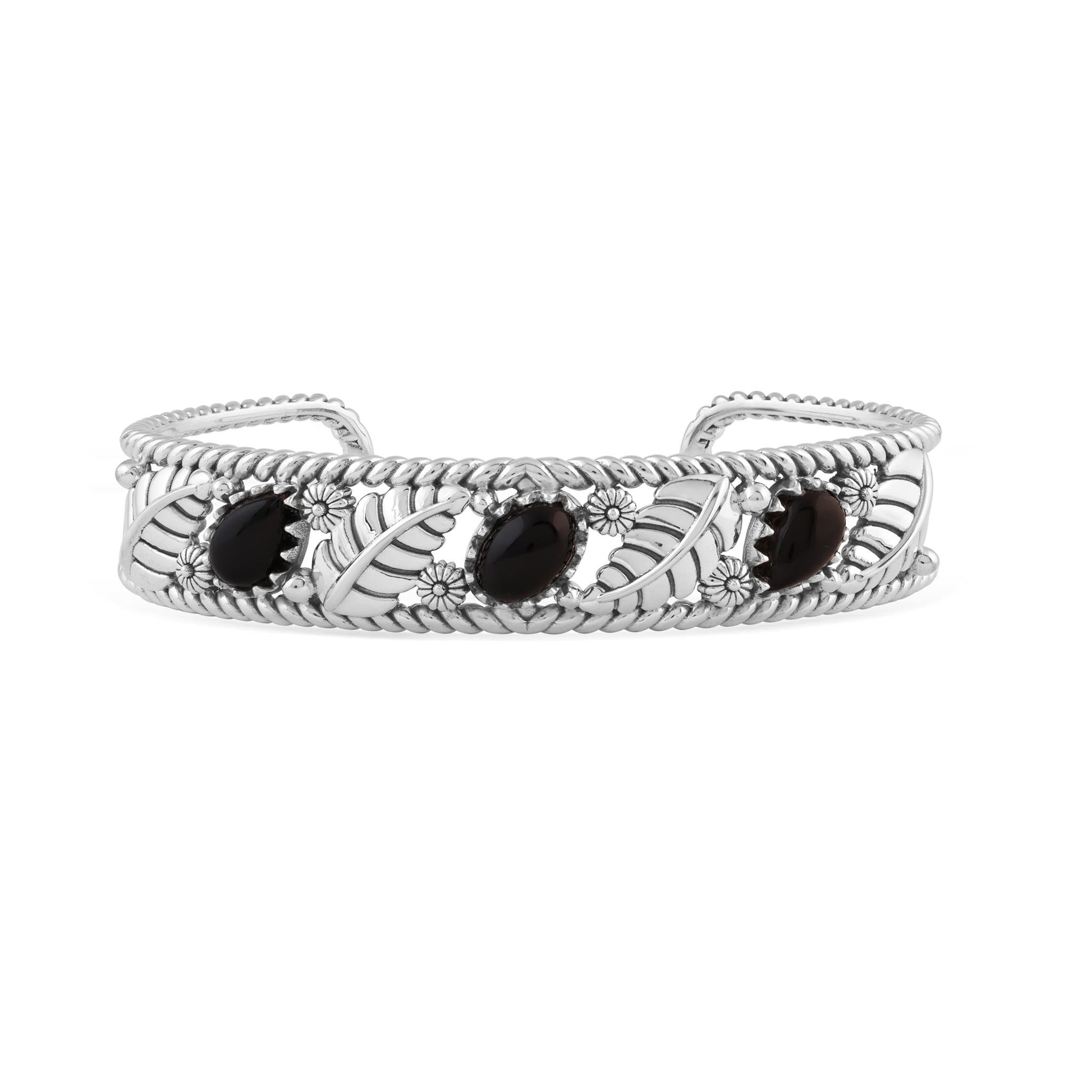  Sterling Silver Black Onyx Oval and Pear Leaf Cuff Bracelet