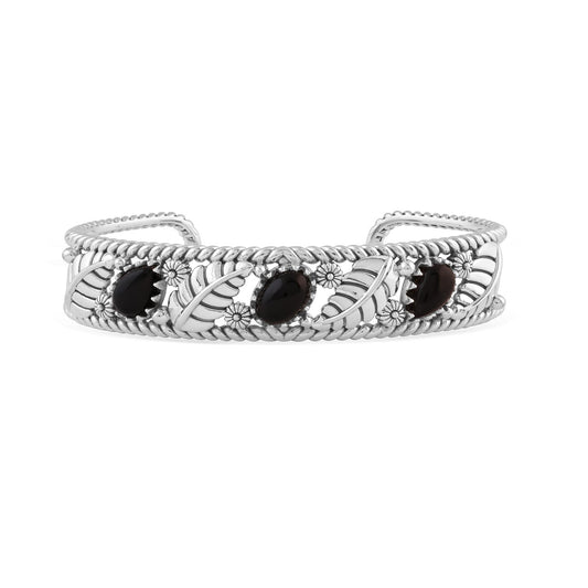  Sterling Silver Black Onyx Oval and Pear Leaf Cuff Bracelet
