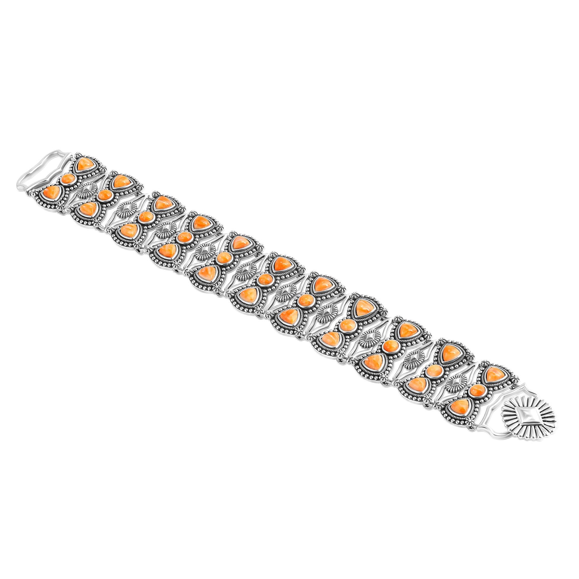 Sterling Silver Orange Spiny Oyster Round and Trillion Cut Link Bracelet, Sizes Small to Large