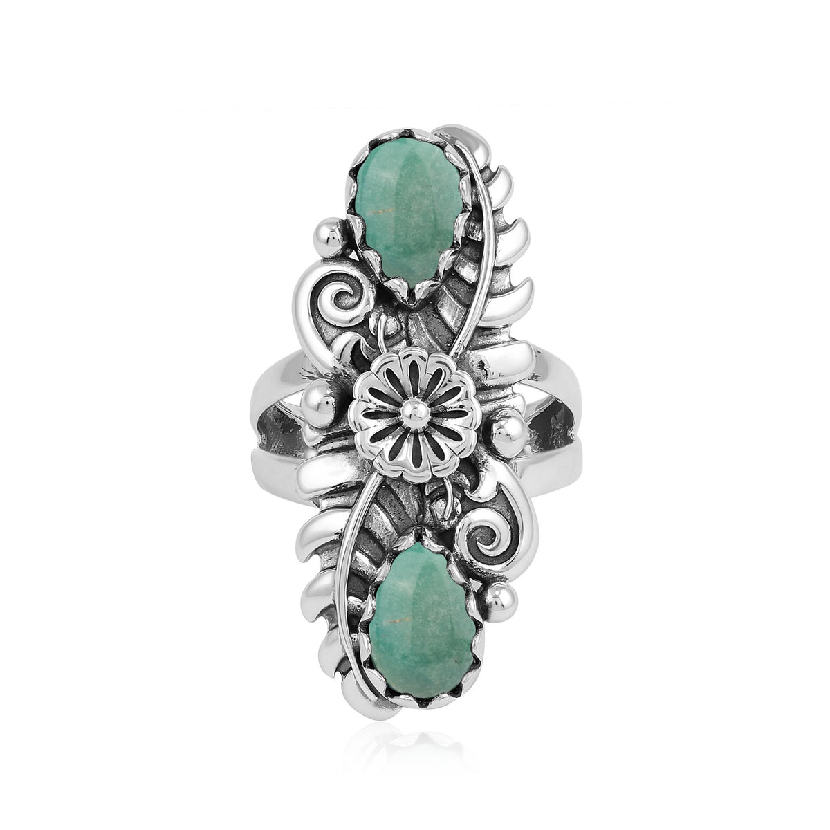 Sterling Silver Green Turquoise Pear-Cut Leaf and Flower Ring
