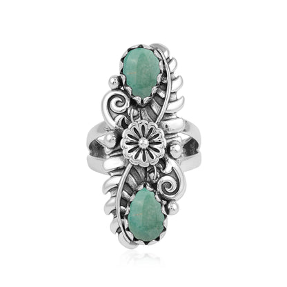 Sterling Silver Green Turquoise Pear-Cut Leaf and Flower Ring