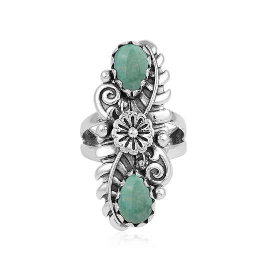 Sterling Silver Green Turquoise Pear-Cut Leaf and Flower Ring