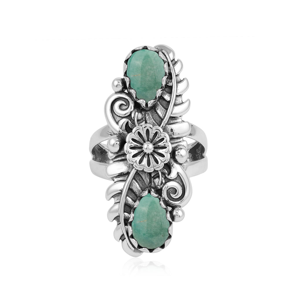 Sterling Silver Green Turquoise Pear-Cut Leaf and Flower Ring, Sizes 5 to 11