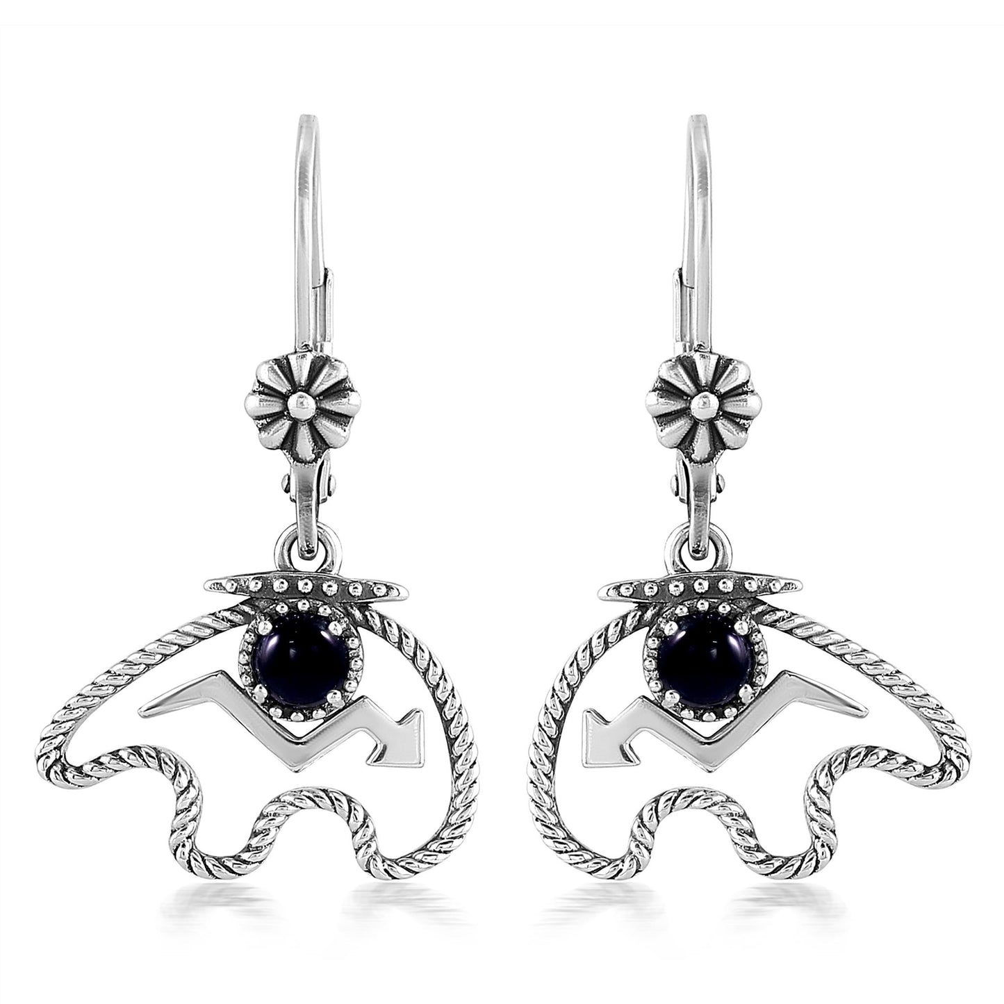 Sterling Silver Black Agate Bear Lever Back Earrings
