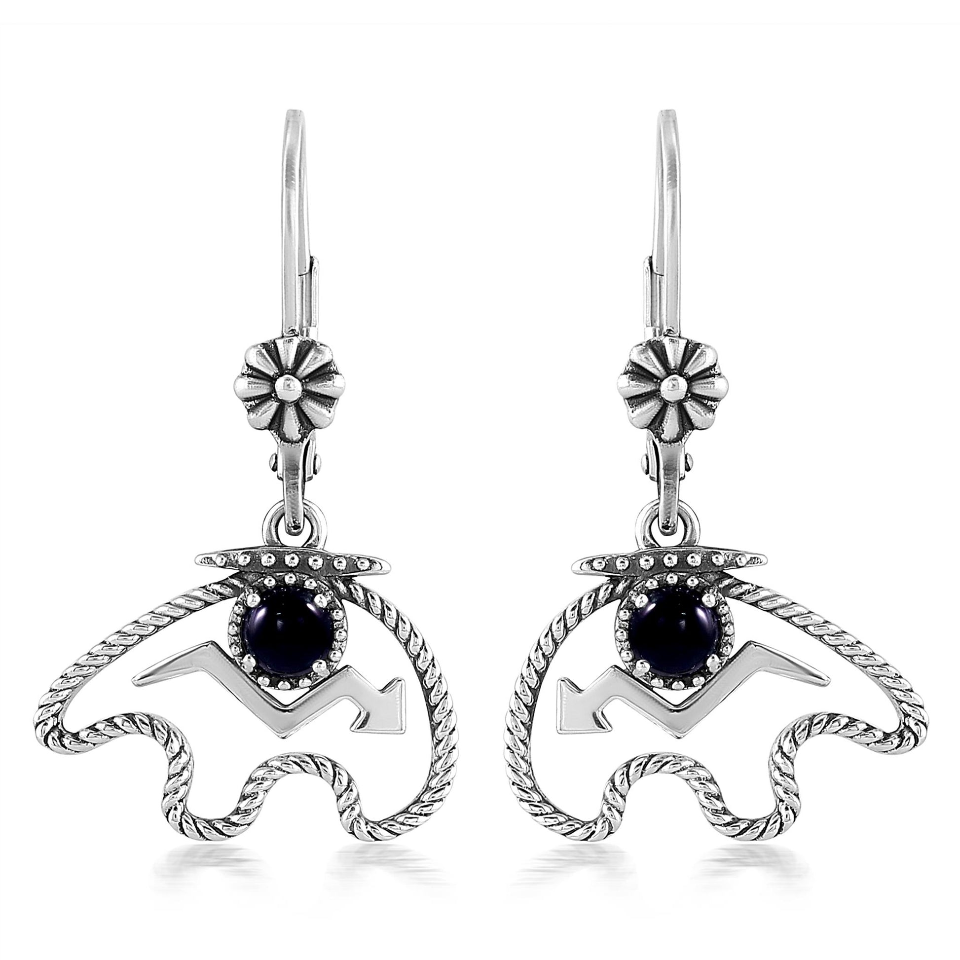Sterling Silver Black Agate Bear Lever Back Earrings