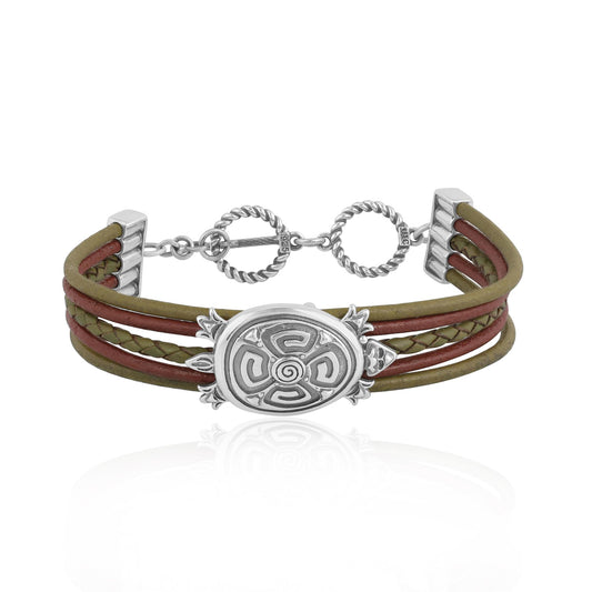 Sterling Silver Turtle Design Multicolored Brown Leather Toggle Bracelet