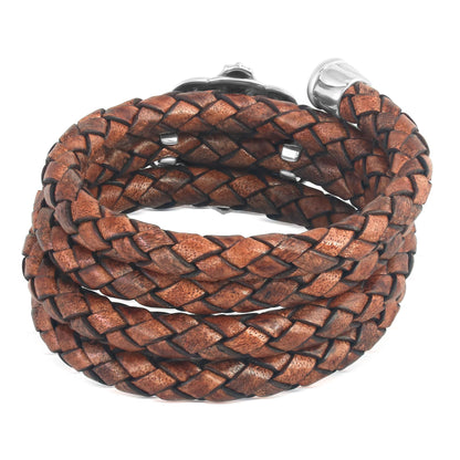 Sterling Silver Orange Spiny Oyster Antique Red-Brown Braided Leather Coil Wrap Bracelet, 24 Inches