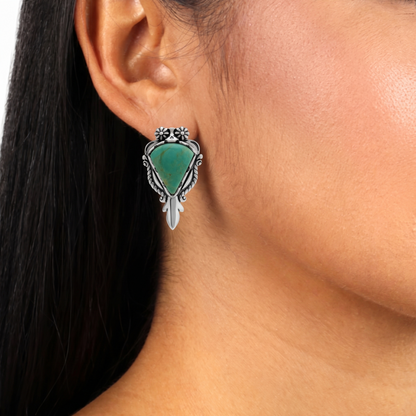 Sterling Silver Green Turquoise Pear Gemstone Squash Blossom Earrings 