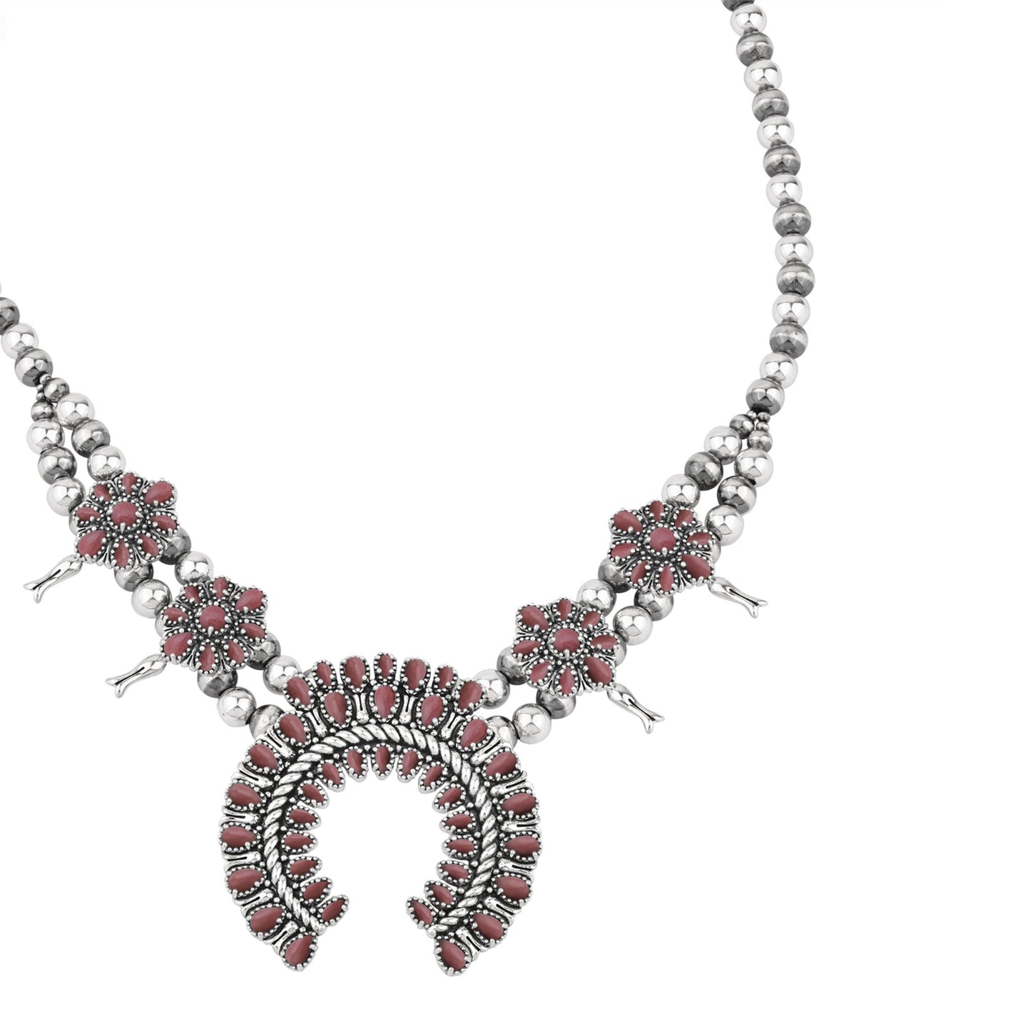  Sterling Silver Rhodonite Petit Point Naja Squash Blossom Necklace