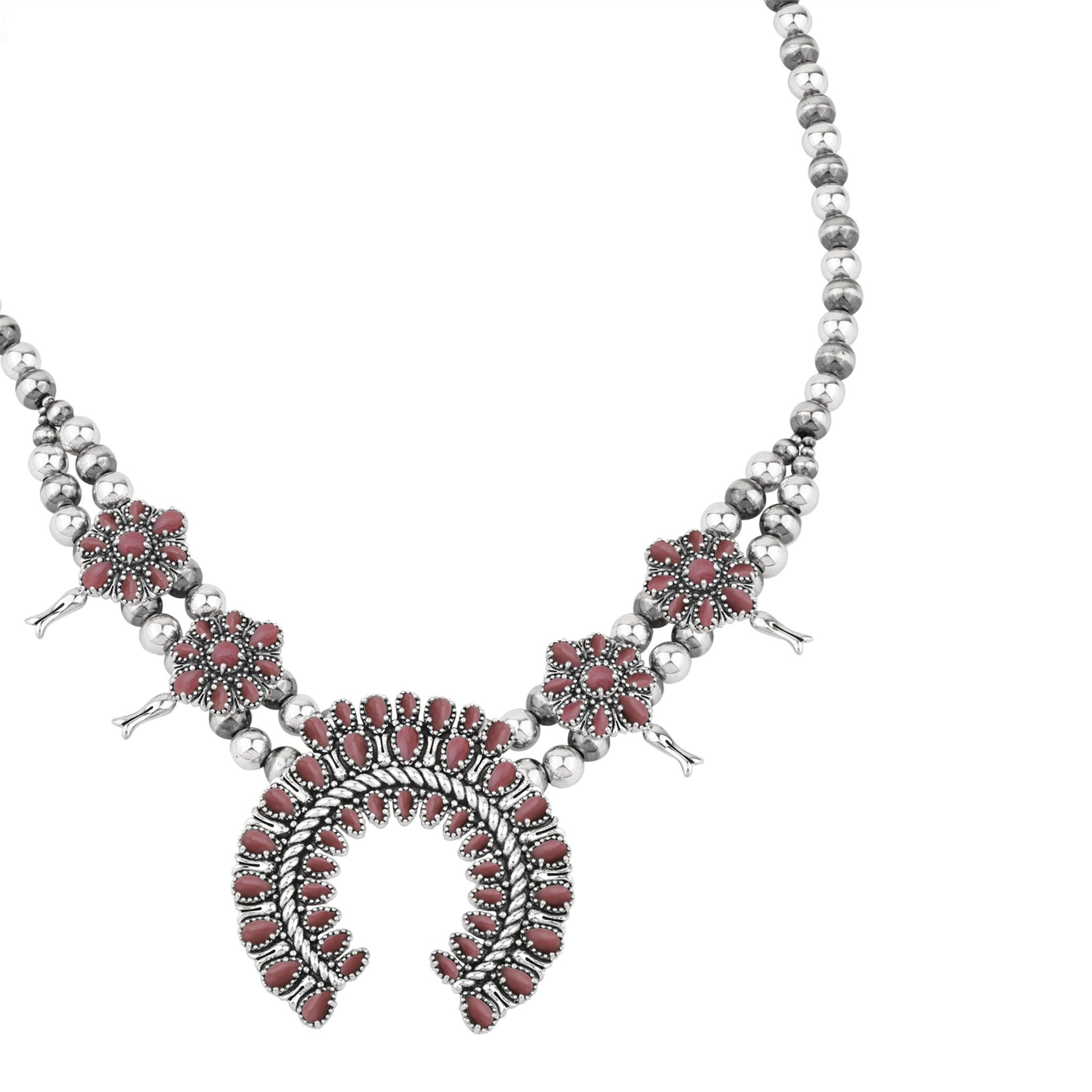  Sterling Silver Rhodonite Petit Point Naja Squash Blossom Necklace