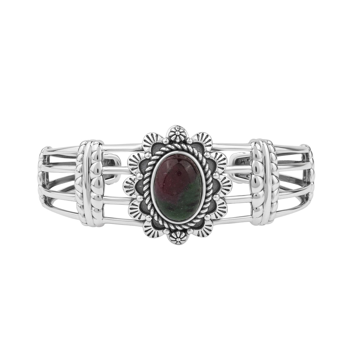 Sterling Silver Ruby Zoisite Oval Scallop Open Cuff Bracelet, Sizes Small to Large