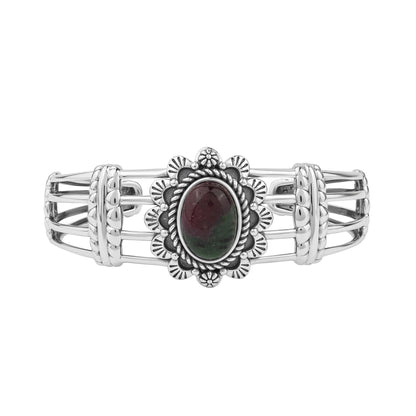 Sterling Silver Ruby Zoisite Oval Scallop Open Cuff Bracelet, Sizes Small to Large