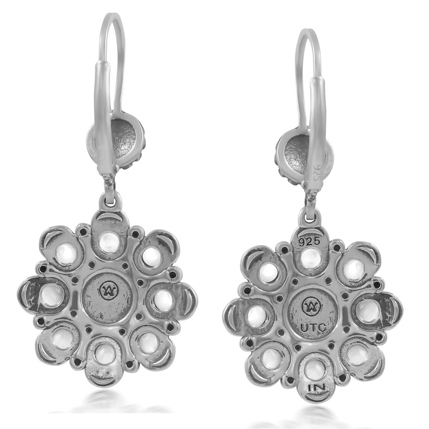 Sterling Silver Black Onyx and White Mother of Pearl Flower Cluster Earrings