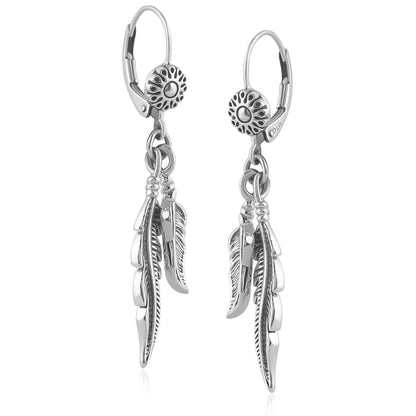 Sterling Silver Double Feather Lever Back Earrings