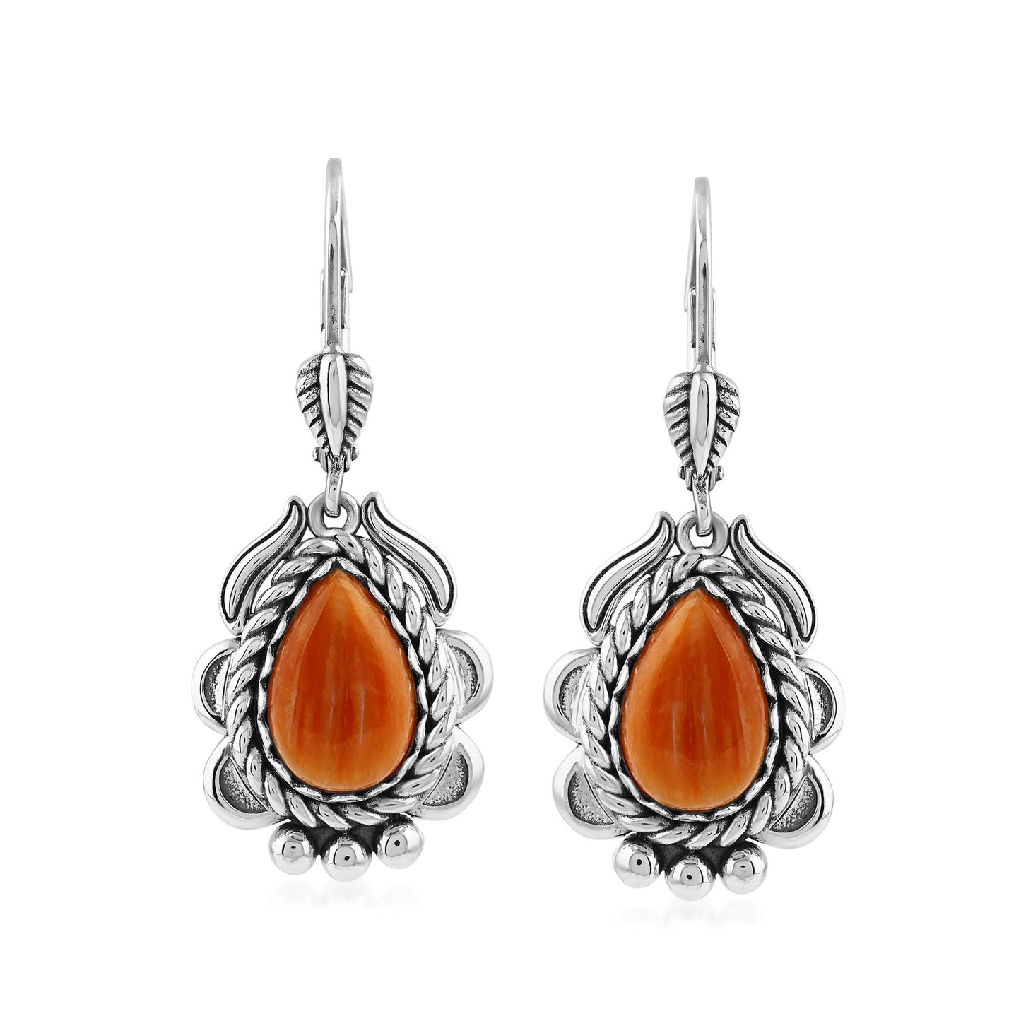 Sterling Silver Orange Spiny Oyster Pear-Cut Rope Design Lever Back Earrings