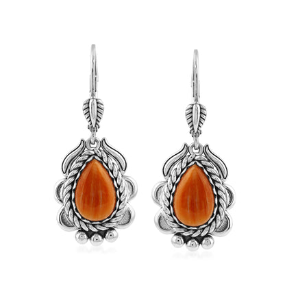 Sterling Silver Orange Spiny Oyster Pear-Cut Rope Design Lever Back Earrings