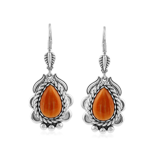 Sterling Silver Orange Spiny Oyster Pear-Cut Rope Design Lever Back Earrings
