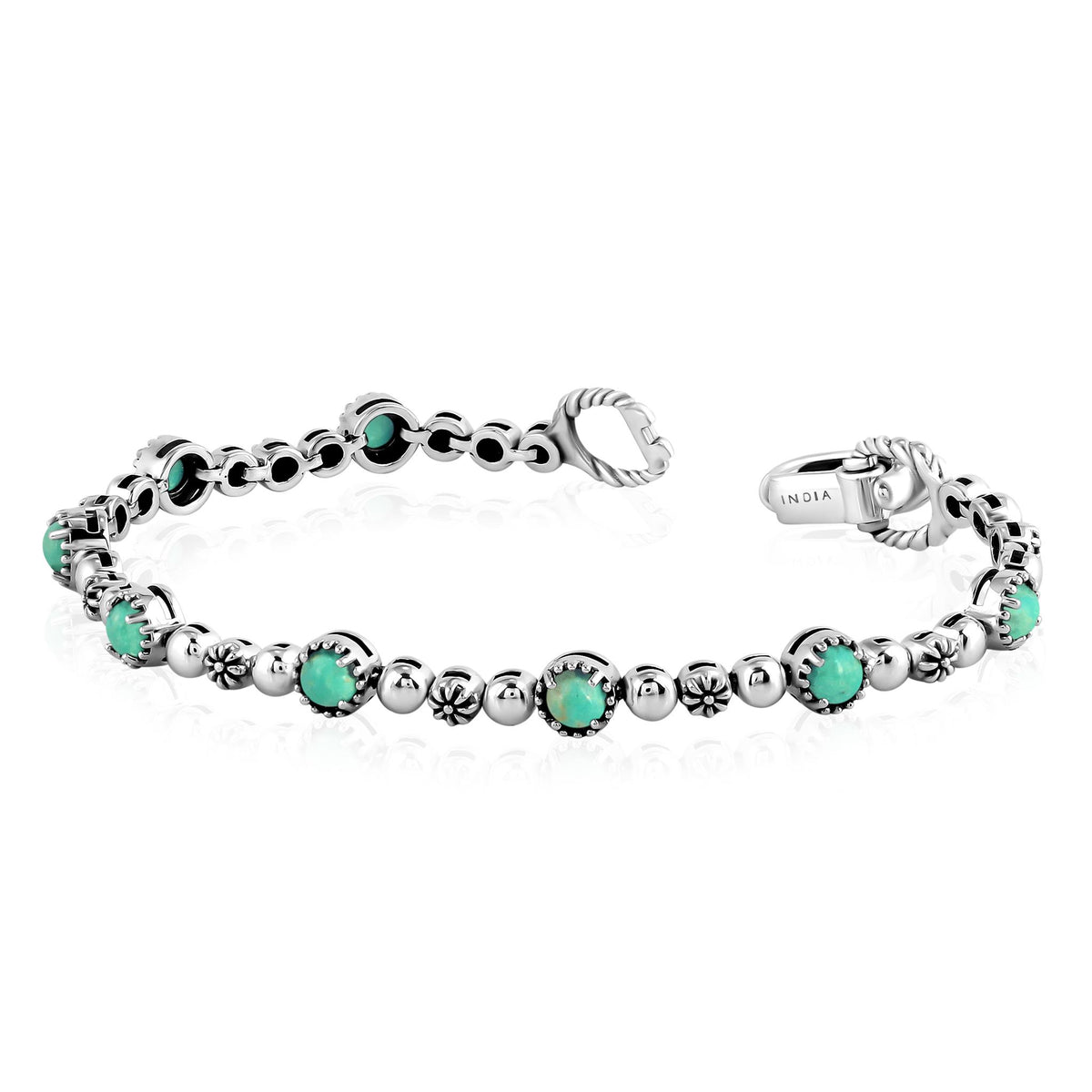 Sterling Silver Green Turquoise Round Beaded Bracelet, Sizes Small to Large