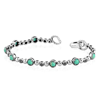Sterling Silver Green Turquoise Round Beaded Bracelet, Sizes Small to Large