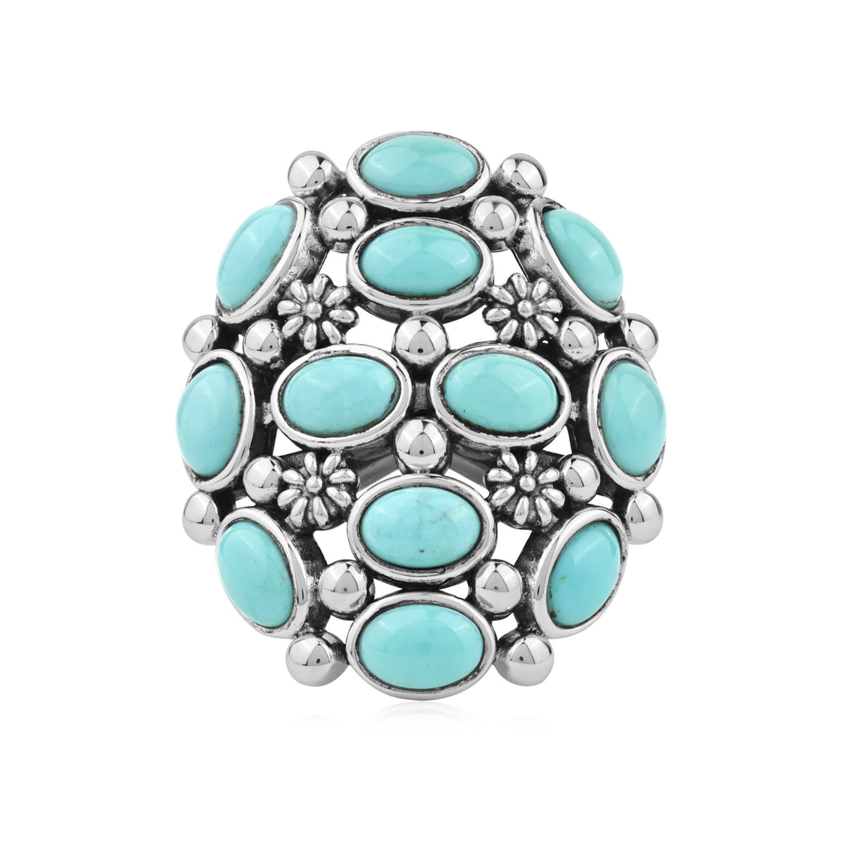 Sterling Silver Kingman Turquoise Oval 12-Stone Cluster Ring