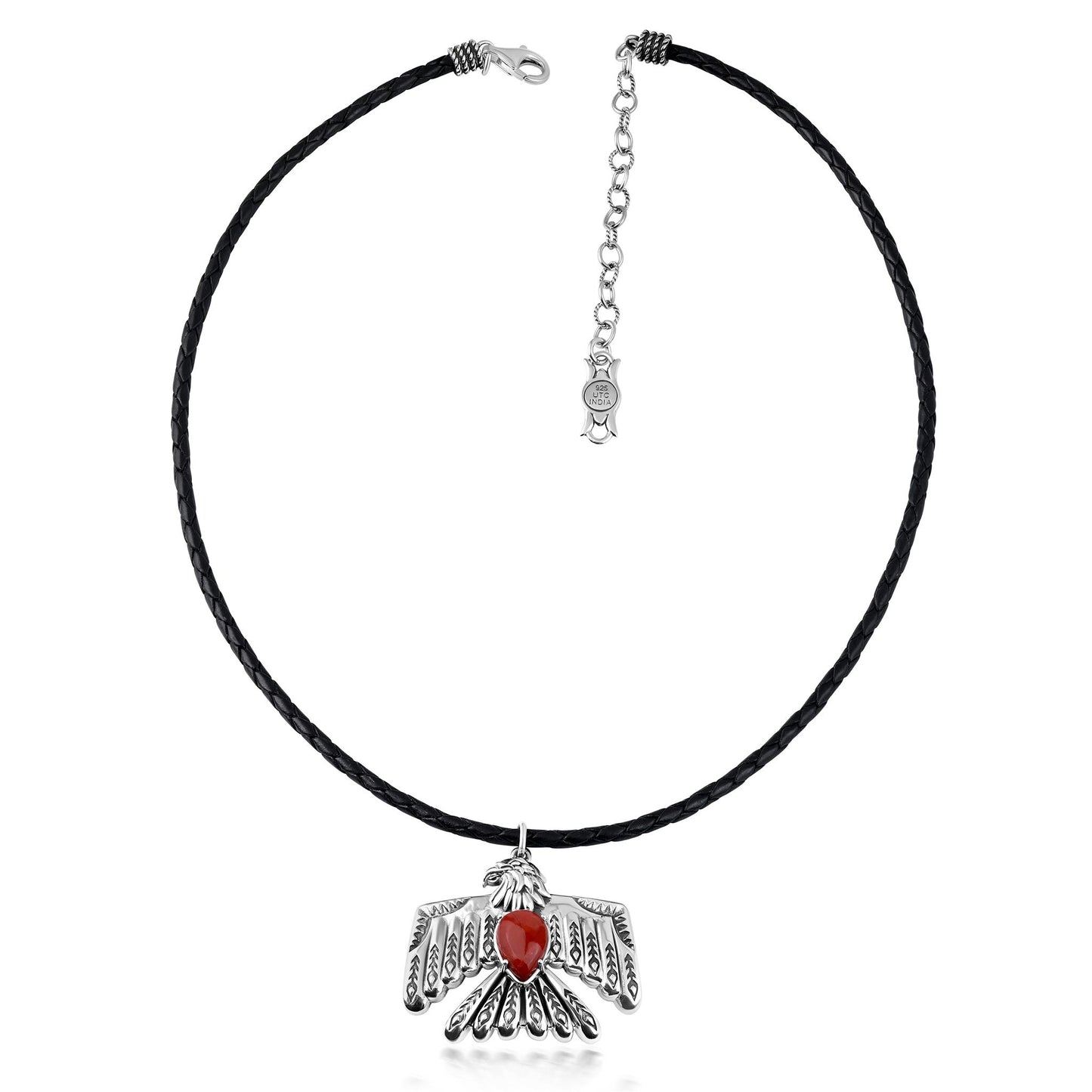 EXCLUSIVELY OURS! Sterling Silver Red Jasper Black Leather Thunderbird Pendant Necklace, 17 to 20 Inches
