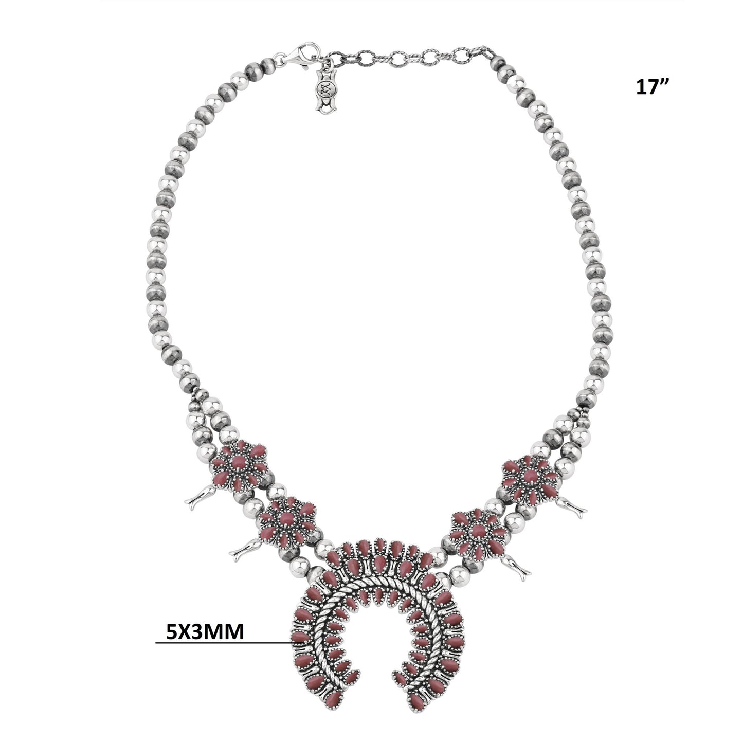  Sterling Silver Rhodonite Petit Point Naja Squash Blossom Necklace