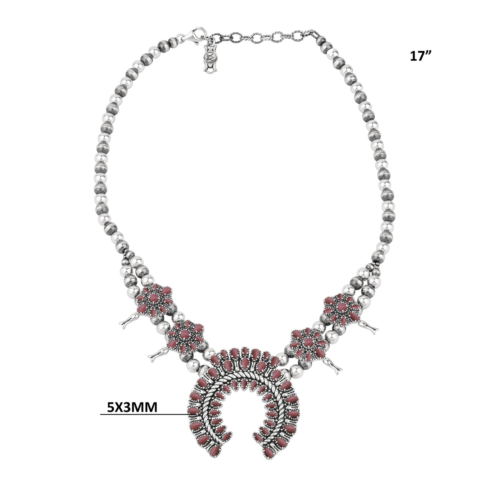  Sterling Silver Rhodonite Petit Point Naja Squash Blossom Necklace