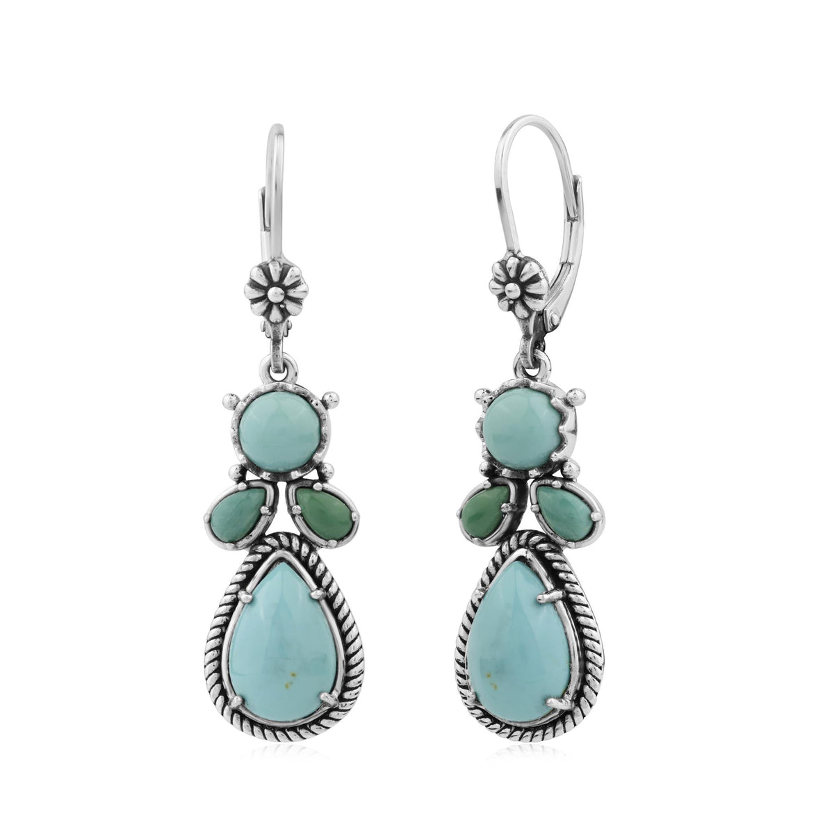 Sterling Silver Kingman and Green Turquoise Cluster Lever Back Earrings 