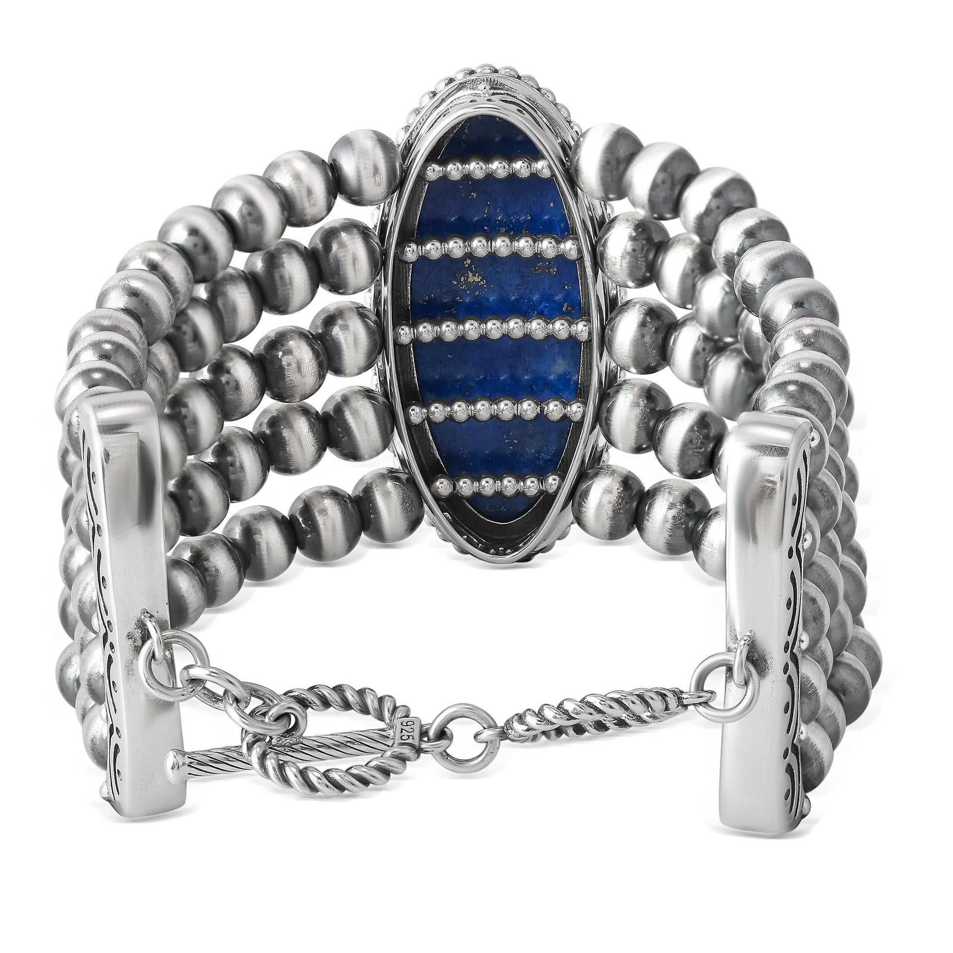 Sterling Silver Oval Denim Lapis Oval Cut Beaded Toggle Bracelet