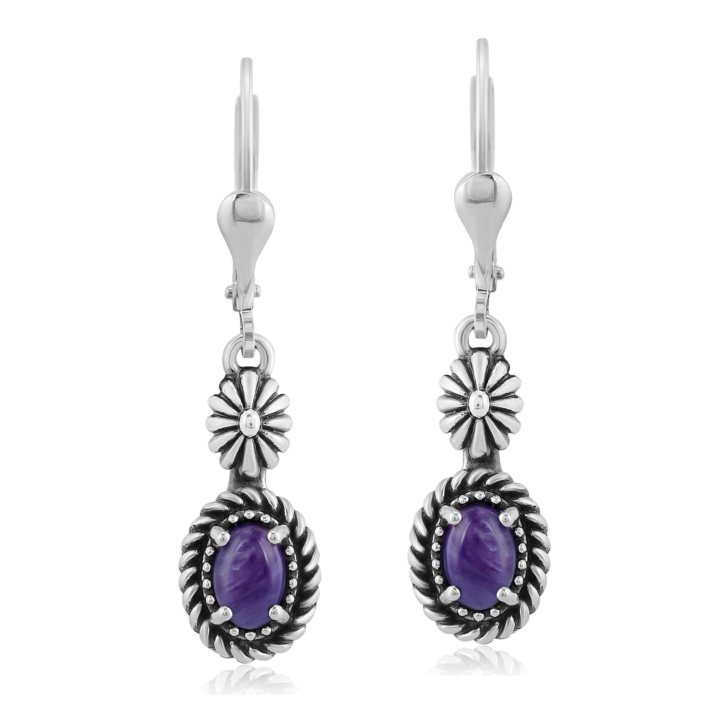 EXCLUSIVELY OURS! Sterling Silver Charoite Floral and Rope Design Dangle Earrings