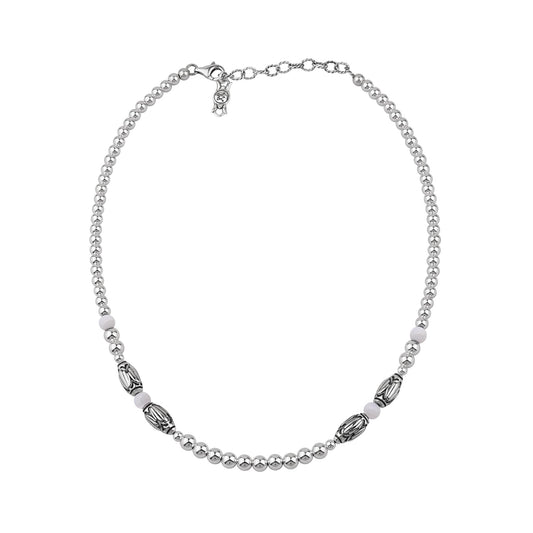  Sterling Silver White Mother of Pearl Barrel Bead Necklace