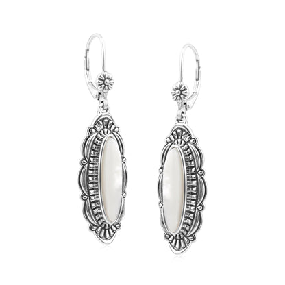 Sterling Silver White Mother of Pearl Elongated Oval Textured Lever Back Earrings 