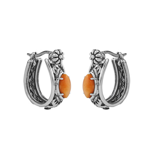Sterling Silver Orange Spiny Oyster Marquise Cut Huggie Hoop Earrings 