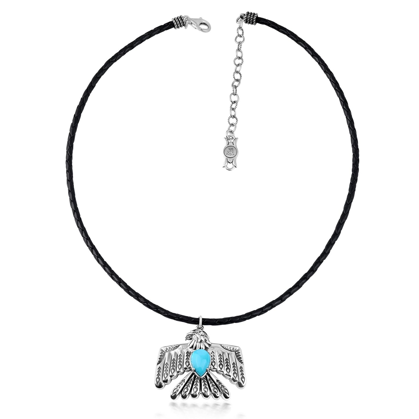 LIMITED EDITION! Sterling Silver Sleeping Beauty Turquoise Black Leather Thunderbird Pendant Necklace, 17 to 20 Inches