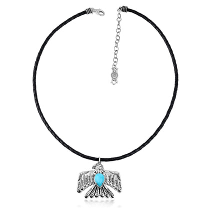 LIMITED EDITION! Sterling Silver Sleeping Beauty Turquoise Black Leather Thunderbird Pendant Necklace, 17 to 20 Inches