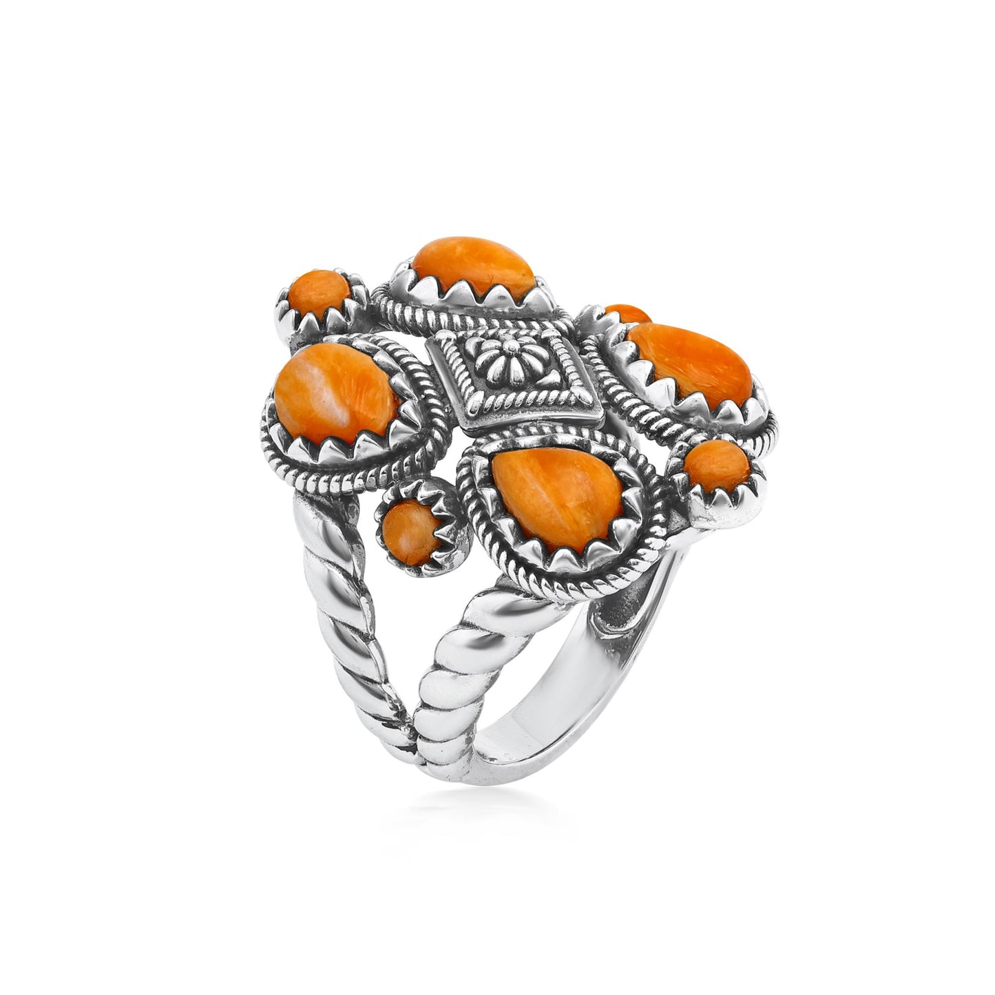 Sterling Silver Orange Spiny Oyster 4 Pear and Round Cut Cluster Ring