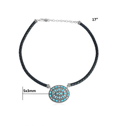Sterling Silver Kingman Turquoise Oval Pendant Black Leather Necklace